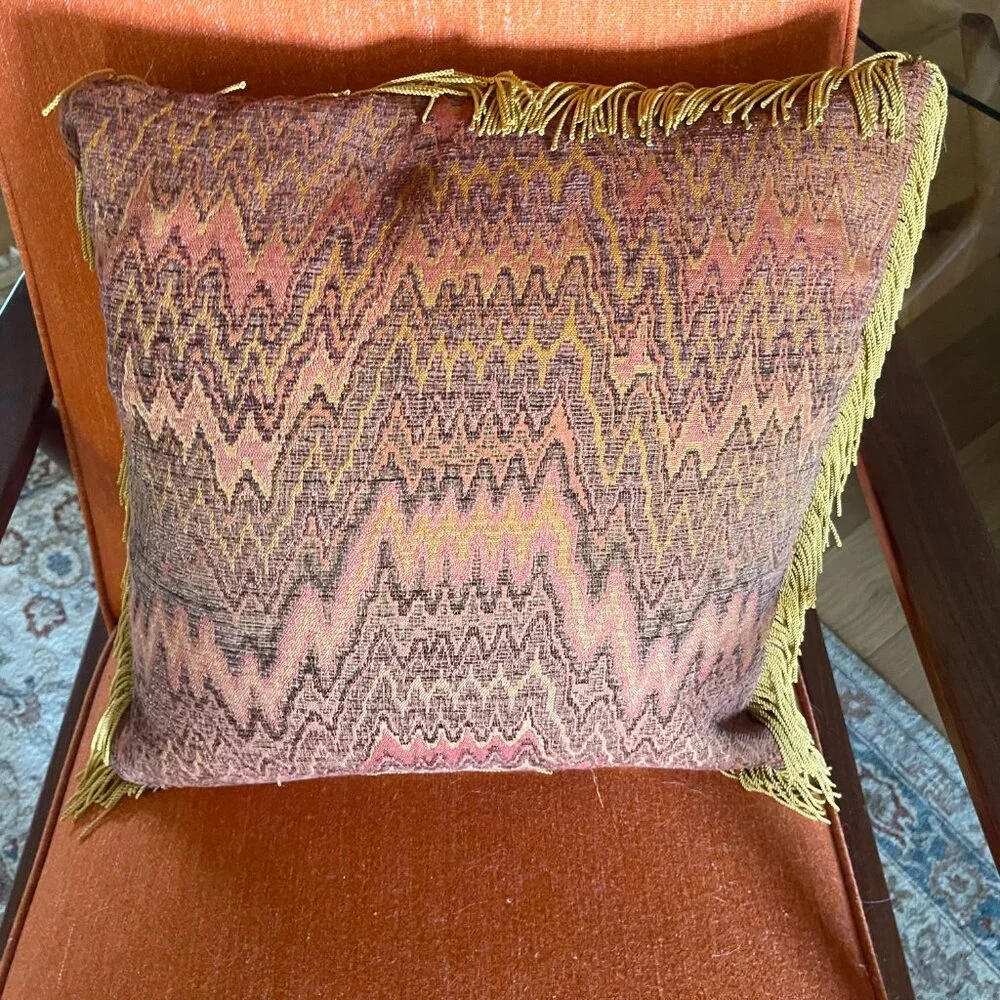 ARHAUS Cotton Orange/Red Paisley Greek Key with Gold Fringe Down Throw Pillow